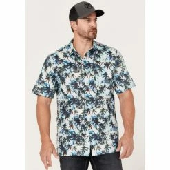 Promo ✨ Scully Men's Palm Trees Floral Print Short Sleeve Button-Down Western 👚 Shirt White 😉