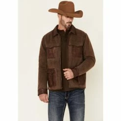 Hot Sale ⌛ Scully Men's Brown Canvas Leather Trim Zip-Front Jacket ⭐