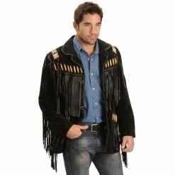 Discount 👏 Scully Men's Bone Beaded Fringe Leather Jacket Black 🧨