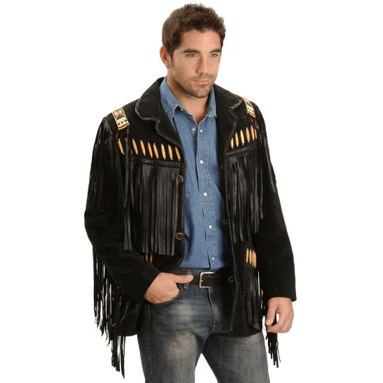 Discount ๐ Scully Men's Bone Beaded Fringe Leather Jacket Black ๐งจ