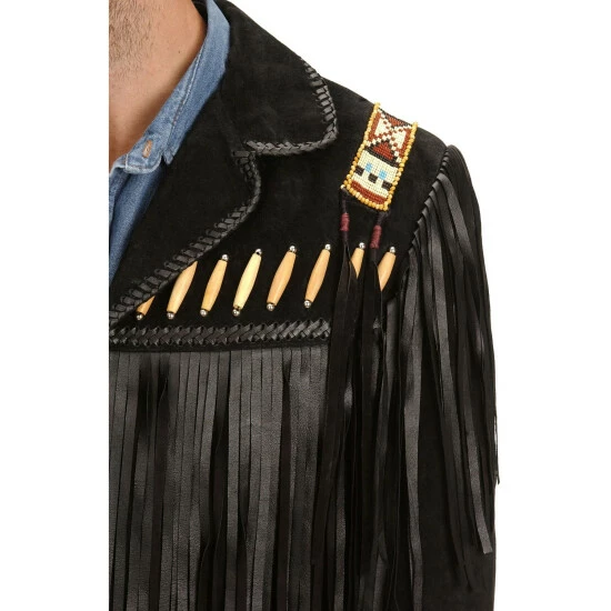 Discount ๐ Scully Men's Bone Beaded Fringe Leather Jacket Black ๐งจ - Image 2