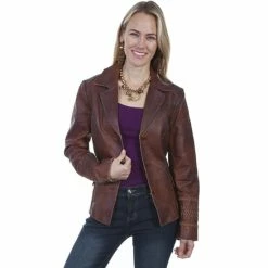 Outlet 😍 Leatherwear By Scully 👩 Women's Brown Cross Stitch Blazer ❤️