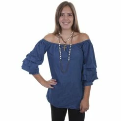 Best Sale 🔔 Scully 👩 Women's Cabbage Sleeve Off Shoulder Top Blue 🔔
