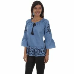 New ✔️ Honey Creek By Scully 👩 Women's Denim Peplum Long Sleeve Blouse Blue 🥰