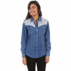 Top 10 👏 Honey Creek By Scully 👩 Women's Denim Lace Long Sleeve Western Top Blue 👏