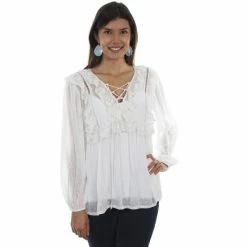 Best Pirce 🔥 Honey Creek By Scully 👩 Women's Ivory Swiss Dot Ruffle Blouse ⭐