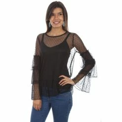 Cheapest 👍 Honey Creek By Scully 👩 Women's Swiss Dot Triple Ruffle Top Black 🧨