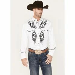 Best Sale 🌟 Scully Men's Embroidered Long Sleeve Snap Western 👕 Shirt White 🧨