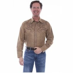 Coupon ⌛ Scully Men's Tan All Over Paisley Print Embroidered Long Sleeve Snap Western 👕 Shirt 👍