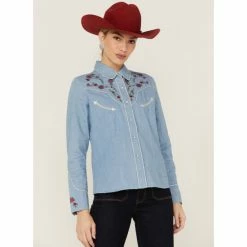 Best reviews of 🎁 Scully 👩 Women's Chambray Floral Embroidered Yoke Snap Western 👚 Shirt Blue ❤️