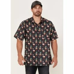 Discount 🎉 Scully Men's Pineapples & Flamingos All-Over Print Short Sleeve Button-Down Western 👕 Shirt Black 👏