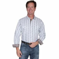 Outlet 👏 Scully Men's White Skull Stripe Print Long Sleeve Western 👕 Shirt 😀