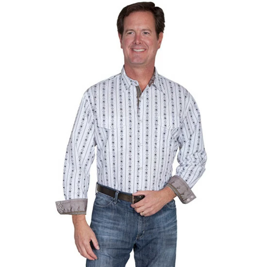 Outlet 👏 Scully Men's White Skull Stripe Print Long Sleeve Western 👕 Shirt 😀