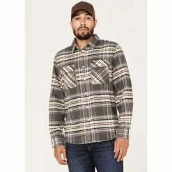 Buy 🔥 Brixton Men's Bowery Stretch Plaid Print Long Sleeve Utility Flannel 👕 Shirt Charcoal 💯