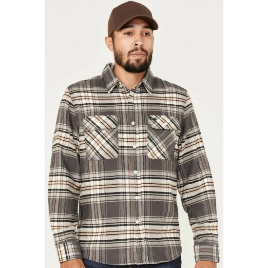 Buy ๐ฅ Brixton Men's Bowery Stretch Plaid Print Long Sleeve Utility Flannel ๐ Shirt Charcoal ๐ฏ - Image 2