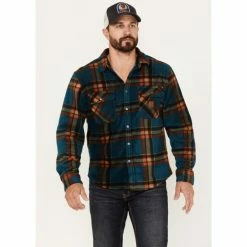 Buy ❤️ Brixton Men's Plaid Print Bowery Long Sleeve Arctic Stretch Fleece Jacket Teal 🔔