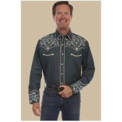 Best deal 💯 Scully Men's Denim Scroll Embroidered Long Sleeve Snap Western 👕 Shirt Navy 🔥