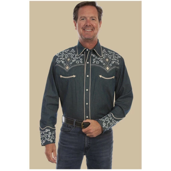 Best deal ๐ฏ Scully Men's Denim Scroll Embroidered Long Sleeve Snap Western ๐ Shirt Navy ๐ฅ